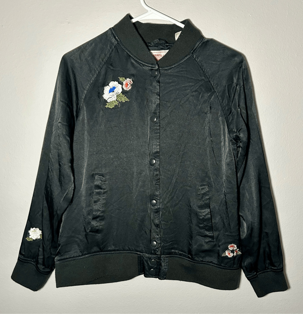 LEVI'S Strauss Black Satin Floral Embroidered Bomber Jacket Sz M